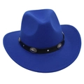 Detail of royal blue wool fedora with black leather band and silver metal buckles - Woven Band Style / Sapphire Blue