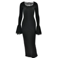 Elegant black high waist dress with flare sleeves and ruffle neckline on a mannequin - S / Black