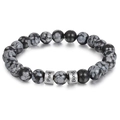 Detailed shot of snowflake obsidian beads with custom engraved stainless steel cylinders - Snowflake Obsidian / Single Name