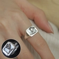 Silver vintage ring with rectangular white shell inlay and embossed rose floral detail - Rose Mother of Pearl Relief