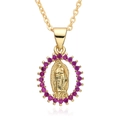 Close-up of golden Guadalupe pendant with red zircon stones on a fine link chain - B187-Rose Red Zirconia Our Lady of Guadalupe