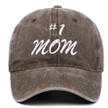 Close-up of #1 MOM white embroidery on a vintage brown washed cotton baseball cap - Adjustable / Coffee