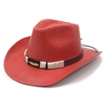 Red woven cowboy hat with leather band and gold feather charm on white background - M(56-58cm) / Red