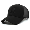 Black mesh baseball cap featuring tone-on-tone 3D embroidered letter R with curved brim - Adjustable / Black with Black Embroidery