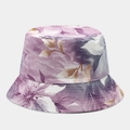 Close-up of bucket hat with purple floral print and white stitching detail - Purple Tone Realistic Floral Print Style (15#色)