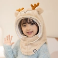 Khaki plush reindeer earflap hat for kids with integrated protective face shield - Beige Deer