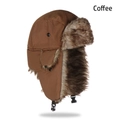 Detail of coffee winter trapper hat with windproof fabric, faux fur lining and ear flaps - 56-60cm / Coffee