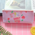 Pink canvas pencil case with cute cartoon bunny drinking peach juice illustration - Pink Series
