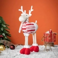 Plush Christmas reindeer doll with red knitted sweater and scarf on snowy background - Red Style B (Striped Sweater)