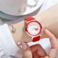 Chic women's watch with red leather strap, golden case and romantic heart on dial - With Heart Bracelet / Red
