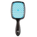 Hollow-out grid hairbrush with black handle and light blue bristles for detangling hair - Black Handle - Light Blue