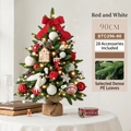 90cm mini Christmas tree set with red and white decorations, string lights and burlap base - 90cm Mixed Leaf Set Red White