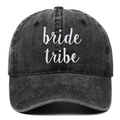 Washed dark gray denim baseball cap with white bride tribe embroidery on white background - Adjustable / Black
