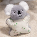 Cute koala plush finger puppet with grey fur holding a pink floral star cushion - Koala