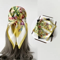 Elegant yellow floral satin square scarf shown as a headband and in a premium gift box - L7344-Yellow