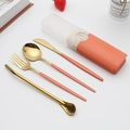 Portable stainless steel cutlery set with gold finish and pink handles in a travel case - Type A Orange+Gold