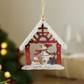 Casetta di Natale in legno rosso con neve e due pupazzi di neve dipinti 11x10cm - Pupazzo di Neve Casa Rossa