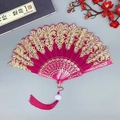 Chinese style rose red lace folding fan with gold embroidery and matching tassel - With Large Tassel / Rose Red