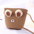 Children's brown straw bucket bag with cute animal face and woven shoulder strap - Little Ears / Brown