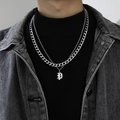 Double-layered silver Cuban chain necklace featuring a Gothic letter pendant for men - Letter P (Double Chain + Pendant)