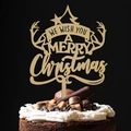 Golden glitter deer antler Merry Christmas cake topper with stars and tree on black background - Gold Antler / Thick Acrylic