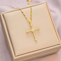 Cross pendant necklace in gold finish with micro-paved white zircon stones on purple silk - 6063 Pave Cross / Gold