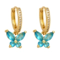 Elegante goldene Schmetterlings-Creolen mit himmelblauen Zirkon-Steinen im Marquise-Schliff - Hellblau