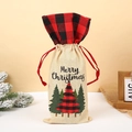 Linen Christmas wine bottle bag with red buffalo plaid trim and drawstring closure - Christmas Tree