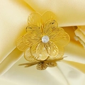 Golden 3D multi-layer flower ring with center crystal on yellow silk background - Adjustable Open / Silk Mesh Hollow Zirconia Flower Style (KR113266-SP)