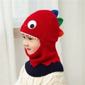 Red and navy dinosaur knit balaclava for kids with colorful back spikes and cute cartoon eyes - One Size / Dinosaur Red