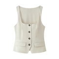 Women's chic white square neck vest with front buttons and waist pockets - XS / Milky White