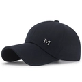 Navy blue canvas baseball cap with long visor and metallic silver M logo detail - Adjustable / Blue
