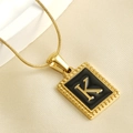 18K gold plated titanium square pendant necklace with black enamel letter K and bead edge - Letter K