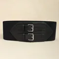 Women's wide elastic waist belt in black with dual silver pin buckles and retro style - Double Pin Buckle Style / 809 Black