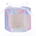 Silver laser holographic hexagonal gift box with transparent window and white ribbon bow - Fine Sand Silver