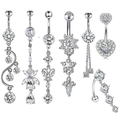 Set of 7 silver steel belly rings featuring heart flower butterfly and zircon pendants - Silver (Multiple Styles)