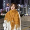 Ginger yellow checkered scarf with black grid patterns and fringe tassels for winter warmth - Orange