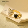 Gold adjustable double heart ring with pearl and black stone including size dimensions - Large Pearl Heart + Black Heart