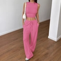 Completo due pezzi rosa da donna con crop top senza maniche e pantaloni a gamba larga - Taglia S / Rosa intenso