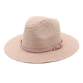 Straw Panama hat in light pink woven design with wide brim and decorative buckle band - M (56-58cm) / Pink