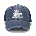 Distressed dark blue trucker hat with Shit Show Supervisor print and mesh back - Navy Blue