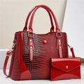 Elegant wine red crocodile pattern patent leather tote bag with matching envelope wallet - Red