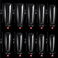Size chart for extra long flat head coffin nail tips showing dimensions from 00 to 09 - Transparent (2# Ballet)