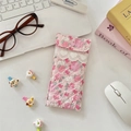 Detail of pink quilted cotton eyewear pouch with white bunny print and lace trim - Flower White Rabbit