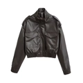 Short faux leather bomber jacket with stand collar and cargo pockets in dark coffee brown - XS / Coffee