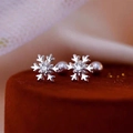 Silver snowflake earrings with white zircon and secure screw ball backs for women - Rhinestone Snowflake Style (A143)