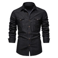 Detail of long sleeve denim shirt showing copper buttons and flap pockets on dark fabric - S / Black (No Label)