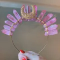 Detail of handmade moon crystal headband featuring pink stone pillars and golden wire wrap - Gold Headband/Large Gold Moon/Pink Crystal Cluster