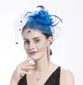 Elegant royal blue fascinator hat with vintage feather veil and floral mesh accents - Blue