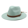 Detail of light blue straw hat featuring brown leather band with decorative metal buckle - M(56-58cm) / Mint Green
